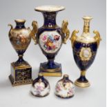 A two-handled pedestal Coalport vase, together with two other vases and a pair of posy vases.
