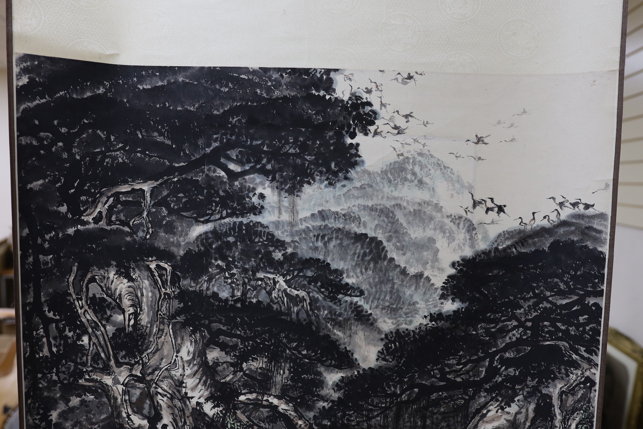A Chinese landscape scroll painting and a Japanese scroll - Image 3 of 7
