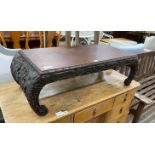 A Malaysian carved hardwood low table, width 92cm, depth 40cm, height 29cm
