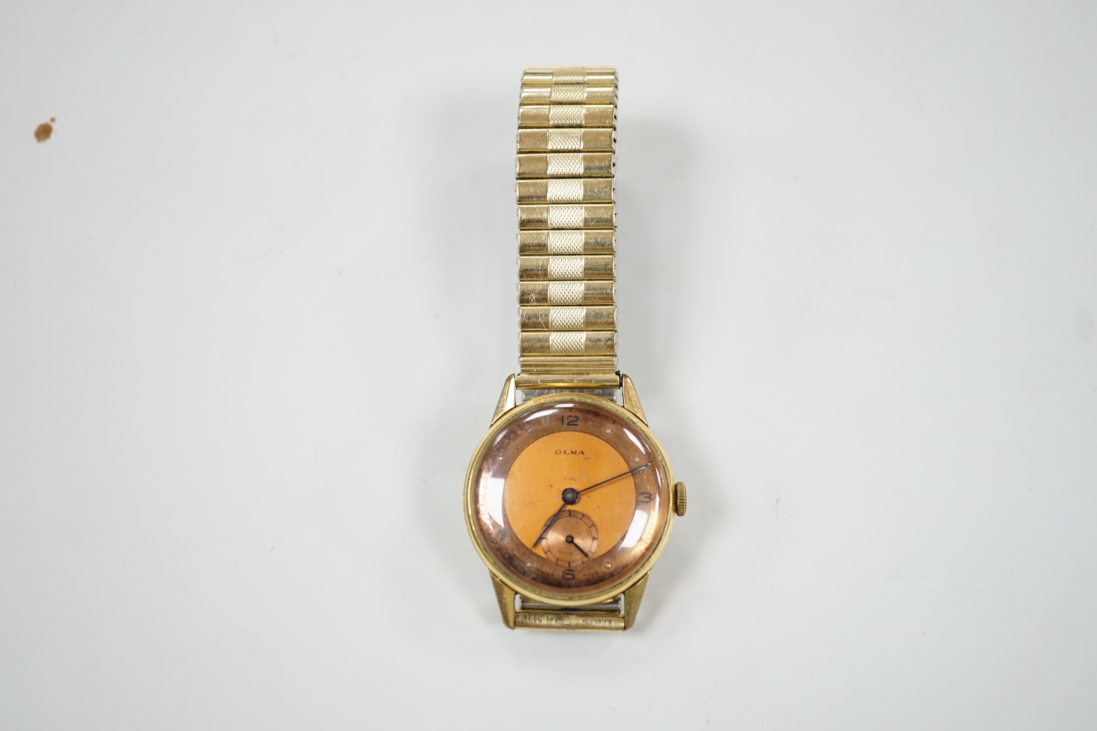 A gentleman's gold plated Olma manual wind wrist watch, case diameter 32mm, on associated flexible - Image 2 of 3