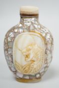 A Chinese shell and mother of pearl snuff bottle, Tongzhi mark probably later, 6.2 cm high including