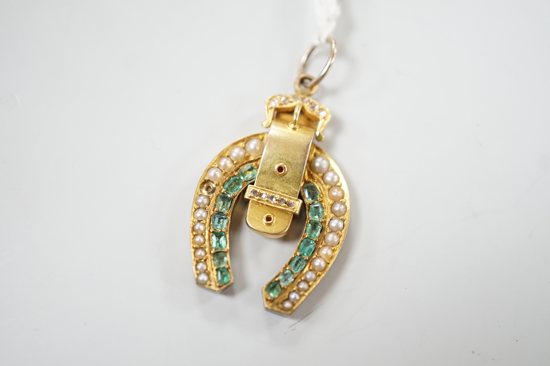 An early 20th century yellow metal, emerald, rose cut diamond and split pearl set horseshoe and - Image 3 of 4