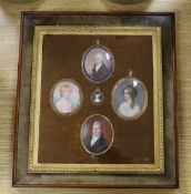 A group of five 19th century portrait miniatures on ivory, framed as one, in a decorative gilt and