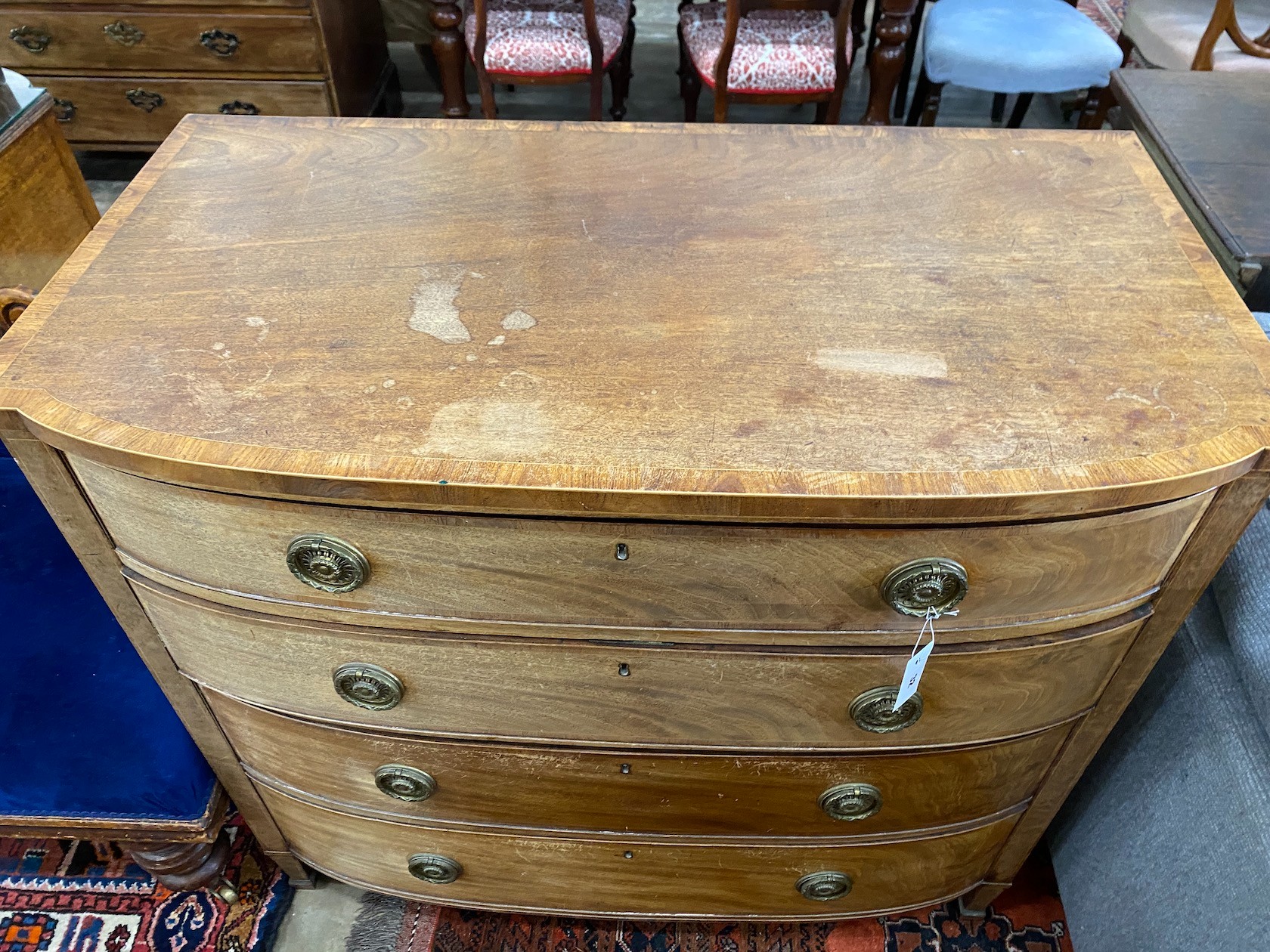 A Regency banded faded mahogany bowfront chest of four graduated long drawers, width 108cm, depth - Image 2 of 2