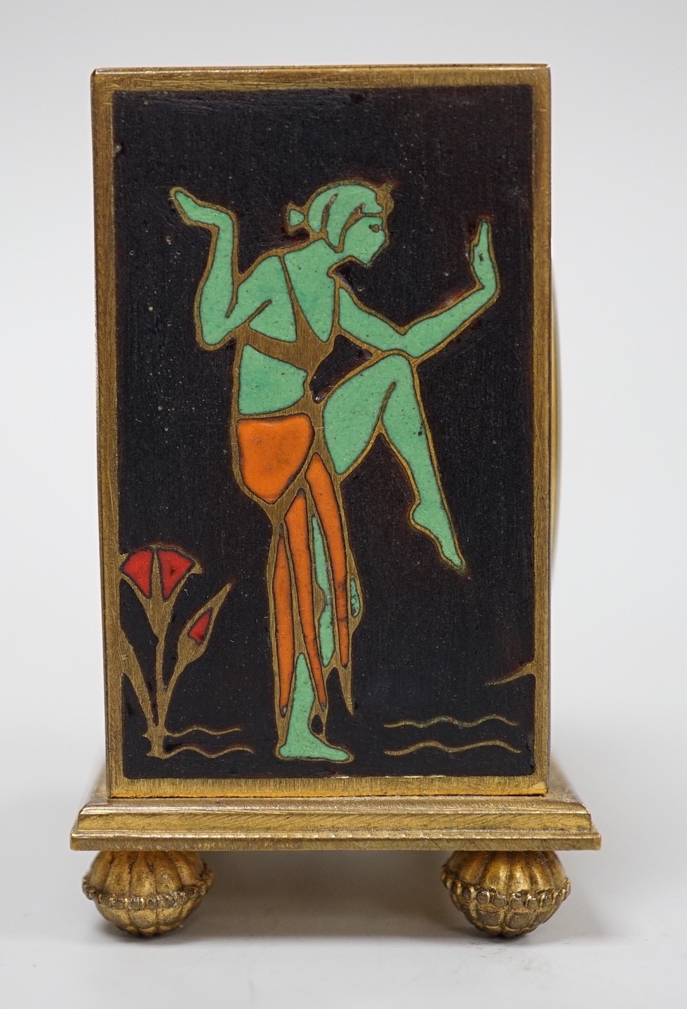 A Zenith champleve enamel Egyptianesque travelling alarm clock in case, 10cm total height - Image 5 of 6