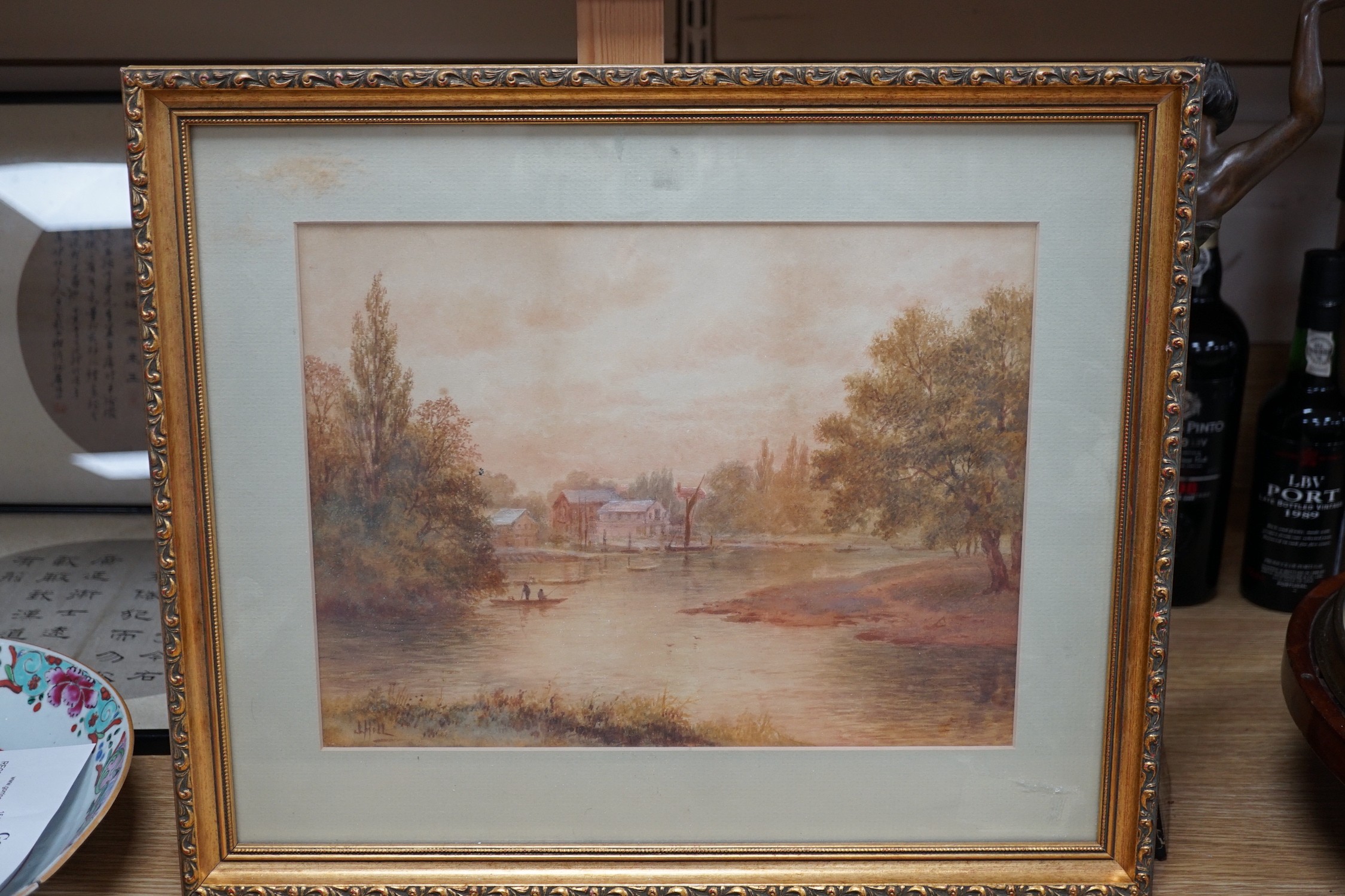 English School, watercolour, River landscape, 30 x 45cm and an earlier watercolour signed J, Hill, - Image 2 of 5