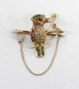 A yellow metal, split pearl ruby and emerald set Kingfisher? bar brooch, length 39mm, gross weight
