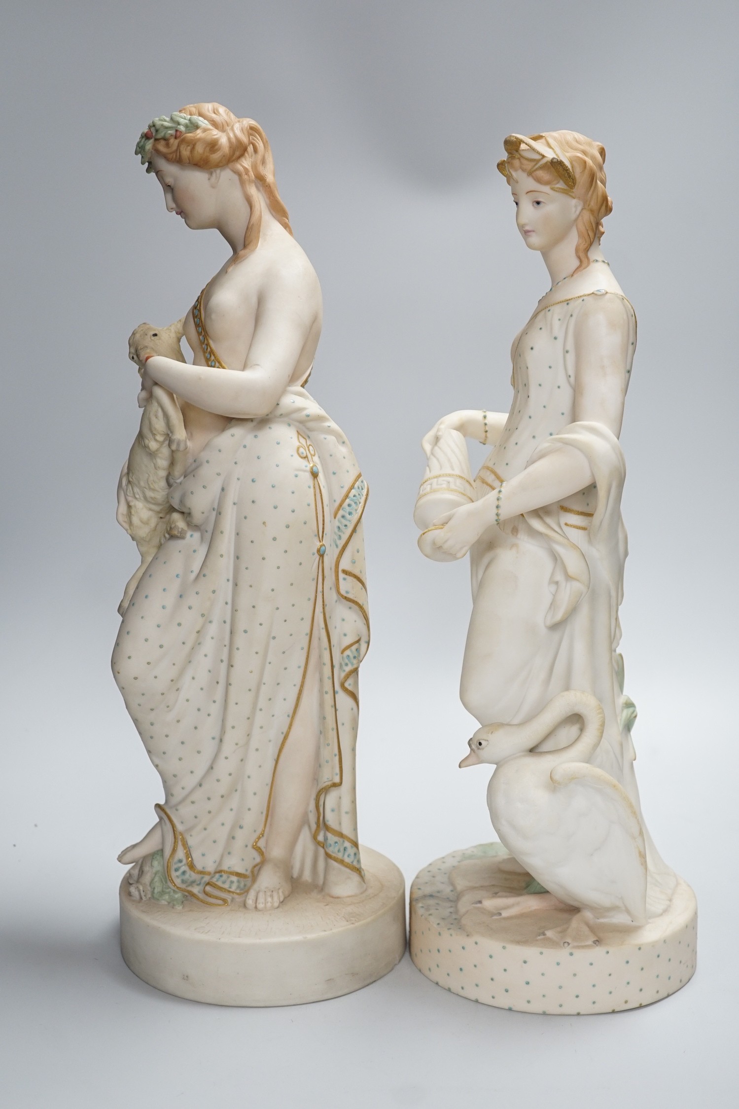 A pair of large W H Goss bisque classical female figures, one with lamb, the other Leda and the - Image 3 of 9