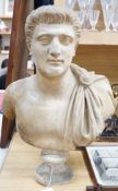 After the Antique marble bust of a Roman man wearing a Chlamys with a buckle at the shoulder,
