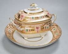 A 19th century Derby sucrier and cover and a matching saucer dish decorated in neo-classical style