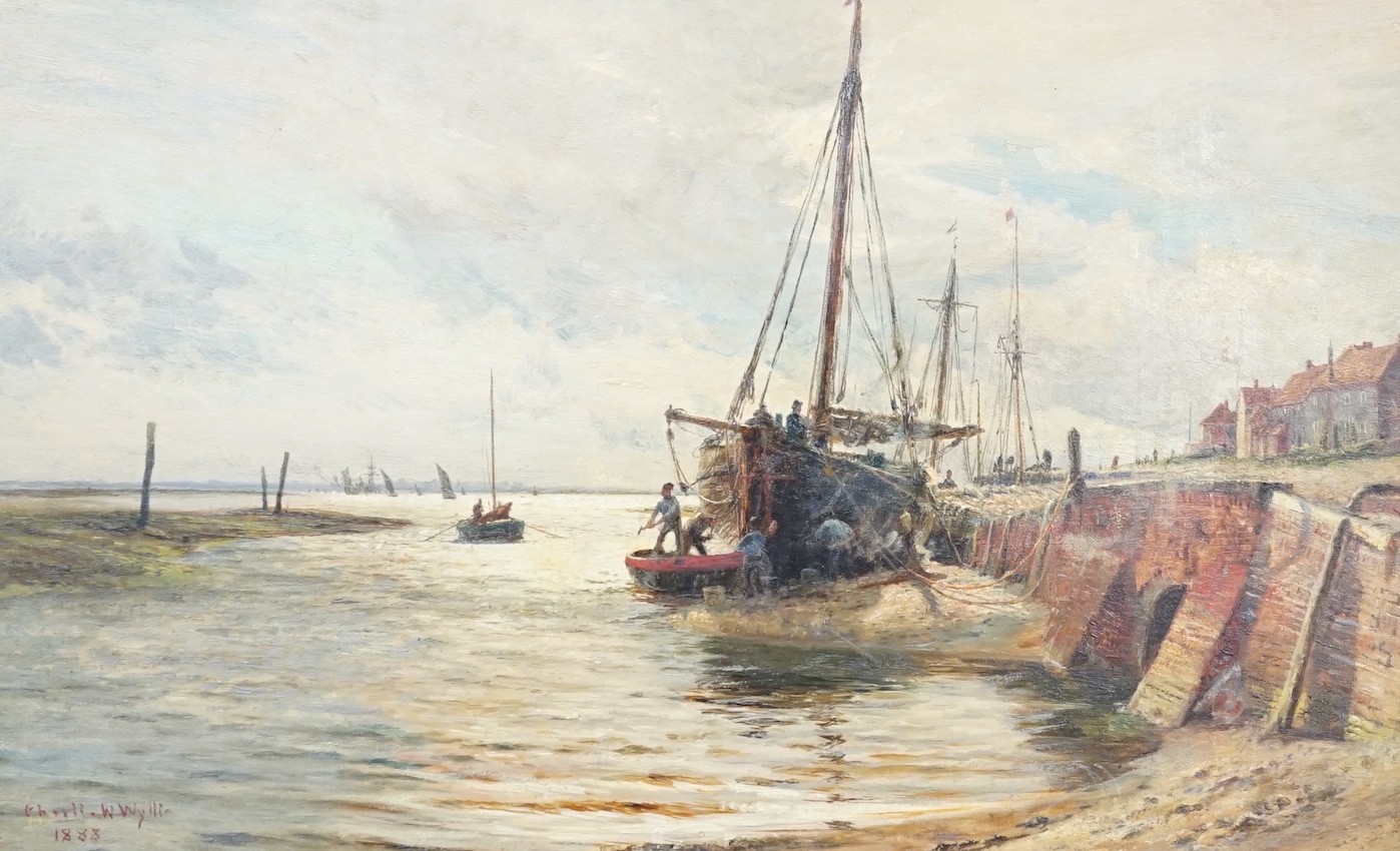 Charles William Wyllie (1853-1923), oil on board, Fishing boat along the wharf at low tide, signed