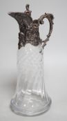 A Victorian rococo style electroplate mounted glass claret jug. 33cm tall