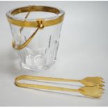 A Baccarat ice bucket, stamped, with gilt mount and matching tong. Bucket 16cm tall