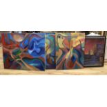 Tom Young, three oils on canvas, Abstracts, and a street scene, signed or inscribed, largest 120 x