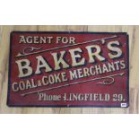 'Agent For Baker’s Coal and Coke Merchants, Lingfield’ – an original painted enamel sign, 73cms wide