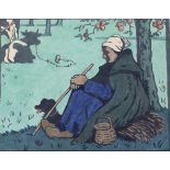 Janet Fisher (1867-1926), woodcut, 'Je Garde les Vaches', signed, 21 x 26cm