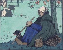 Janet Fisher (1867-1926), woodcut, 'Je Garde les Vaches', signed, 21 x 26cm