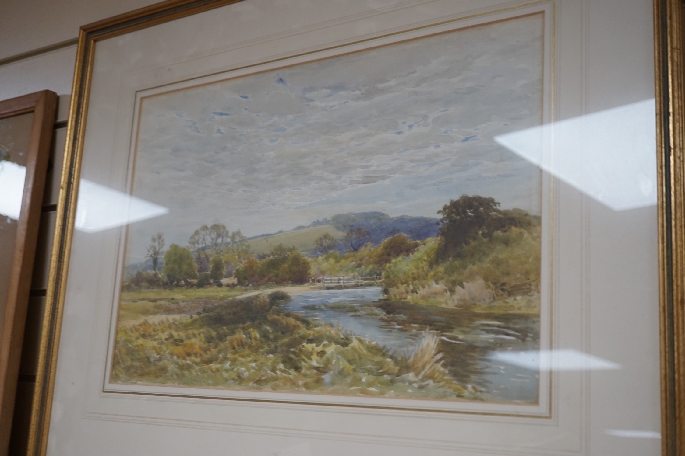 English School, watercolour, River landscape, 30 x 45cm and an earlier watercolour signed J, Hill, - Image 5 of 5