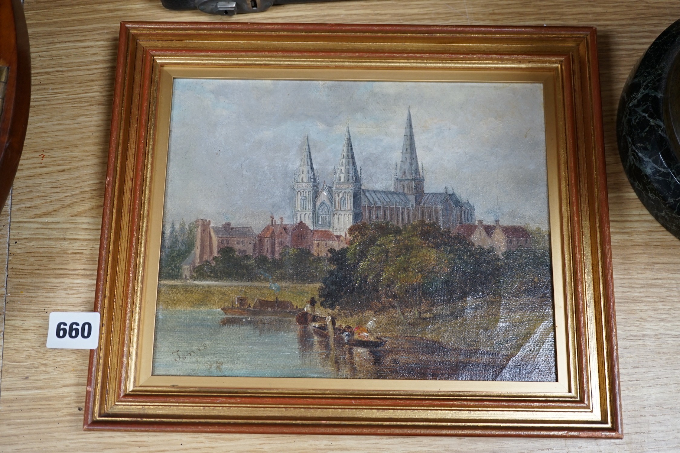 Jones (19thC English School), oil on canvas laid on board, View of a cathedral town, signed, 20 x - Image 3 of 4