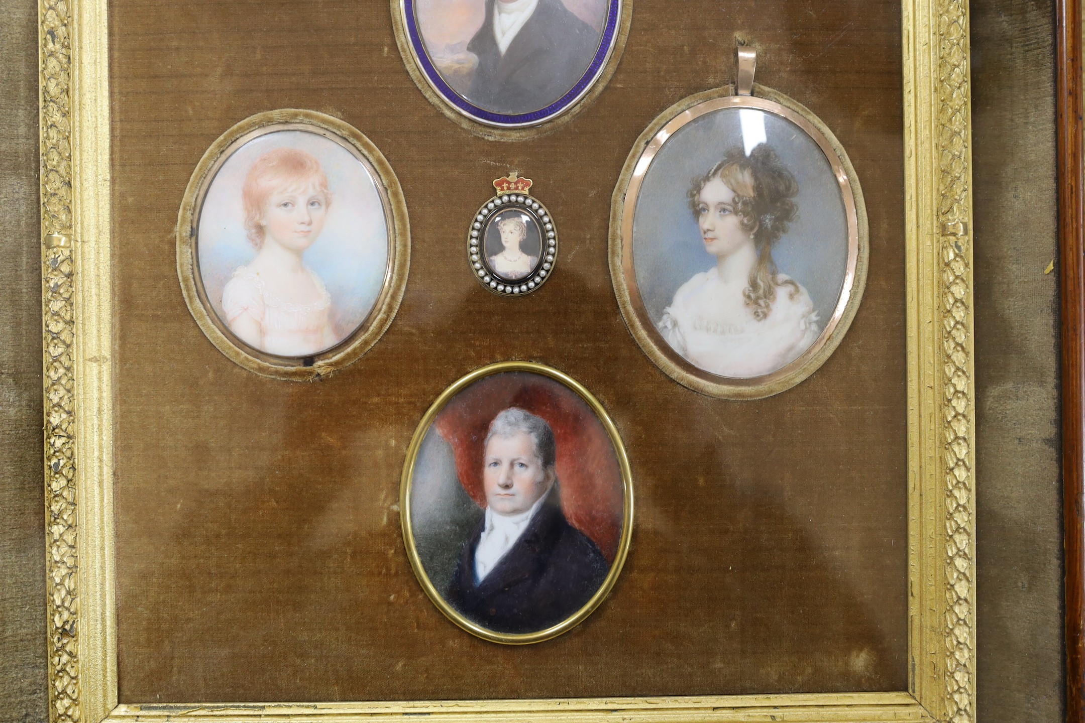 A group of five 19th century portrait miniatures on ivory, framed as one, in a decorative gilt and - Image 2 of 3