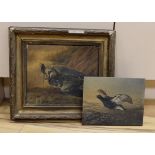 DJS 1886, two oils on canvas, Heron catching an eel and ptarmigan in flight, monogrammed and dated