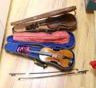 A French mid 20th century violin and one other and two bows