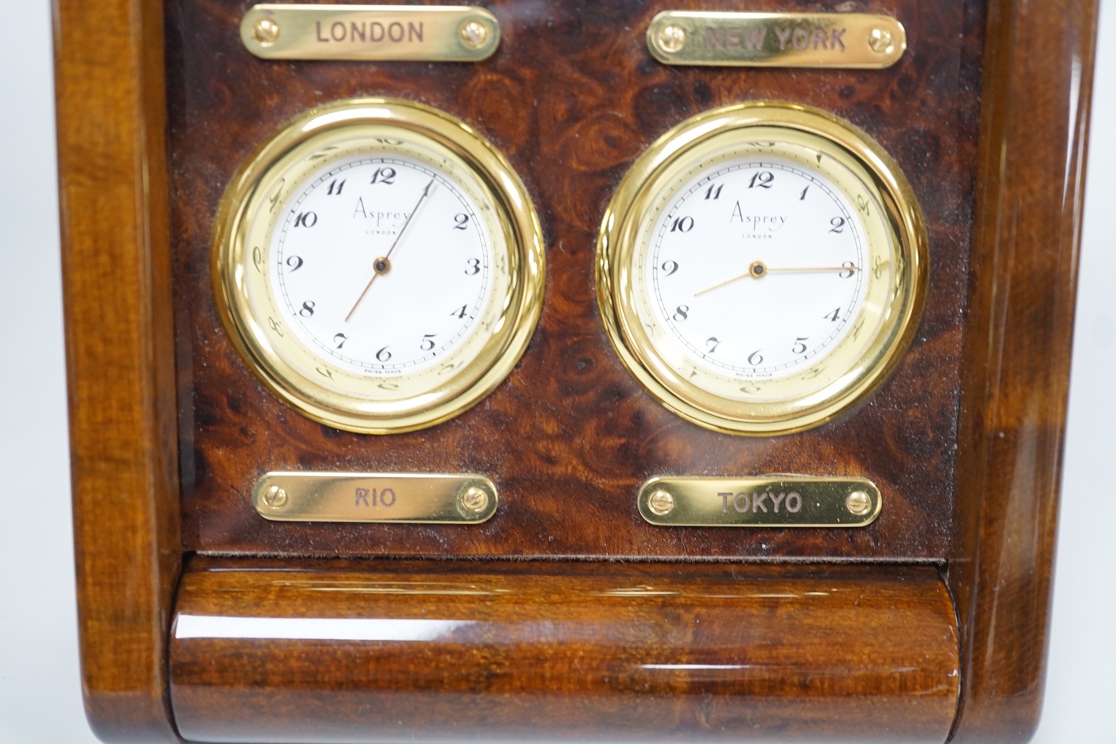 An Asprey burr wood veneered desktop four time zone timepiece, 15.5 cm - Image 3 of 4