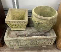 A pair of rectangular reconstituted stone garden planters length 80cm, a circular planter and