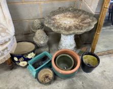 A reconstituted stone scallop shell bird bath, height 46cm, a pair of pineapple finials and six