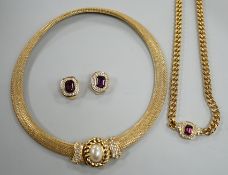 A modern Christian Dior gilt metal and two colour paste set necklace, 37cm and a pair of matching