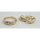 A modern 14k and gypsy set six stone diamond band, size N and a pair of matching earrings, gross