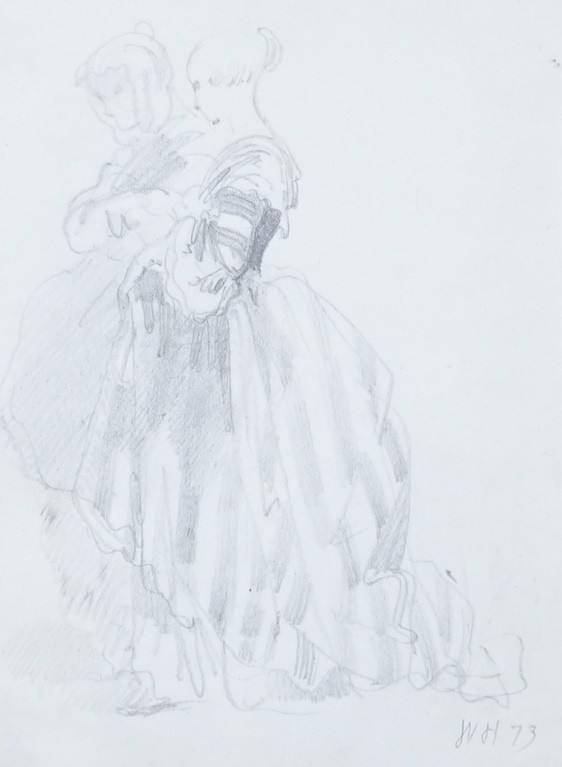 W.H.(18th C. English School), pencil on paper, Study of two women, initialled and dated '73, 15 x