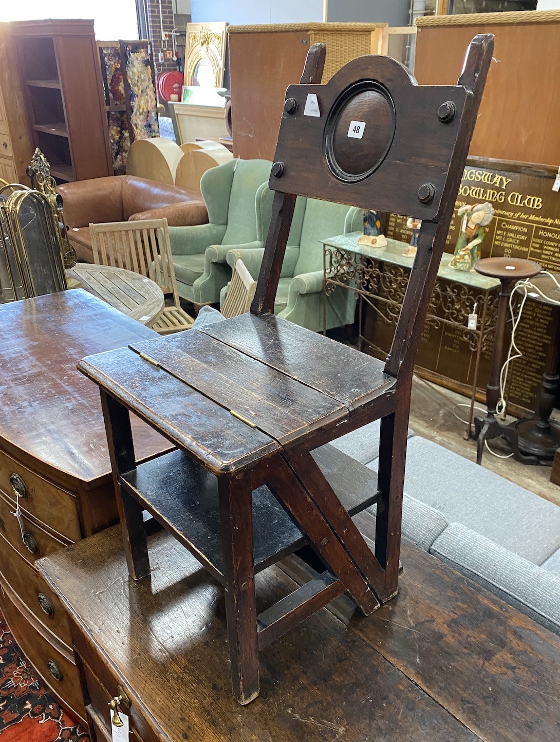 A Victorian oak and mahogany metamorphic library chair, width 39cm, height 82cm - Image 2 of 2