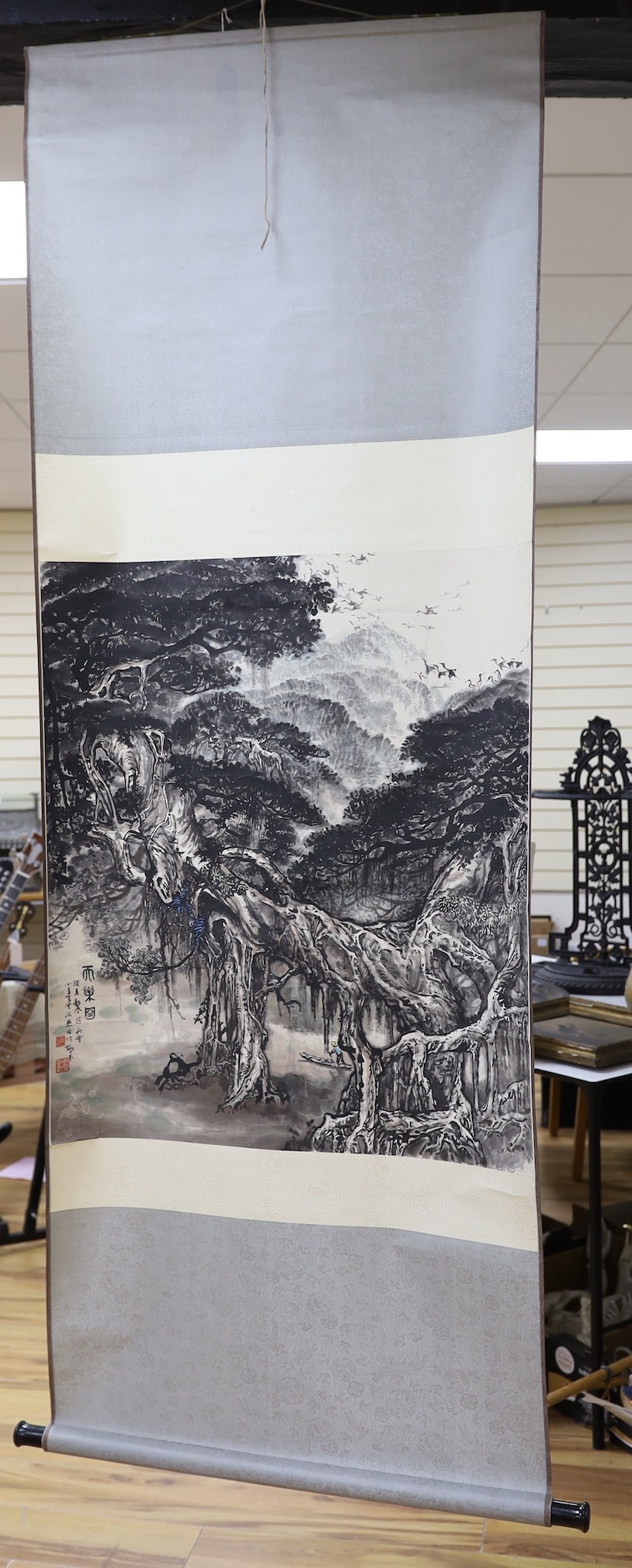 A Chinese landscape scroll painting and a Japanese scroll - Image 2 of 7