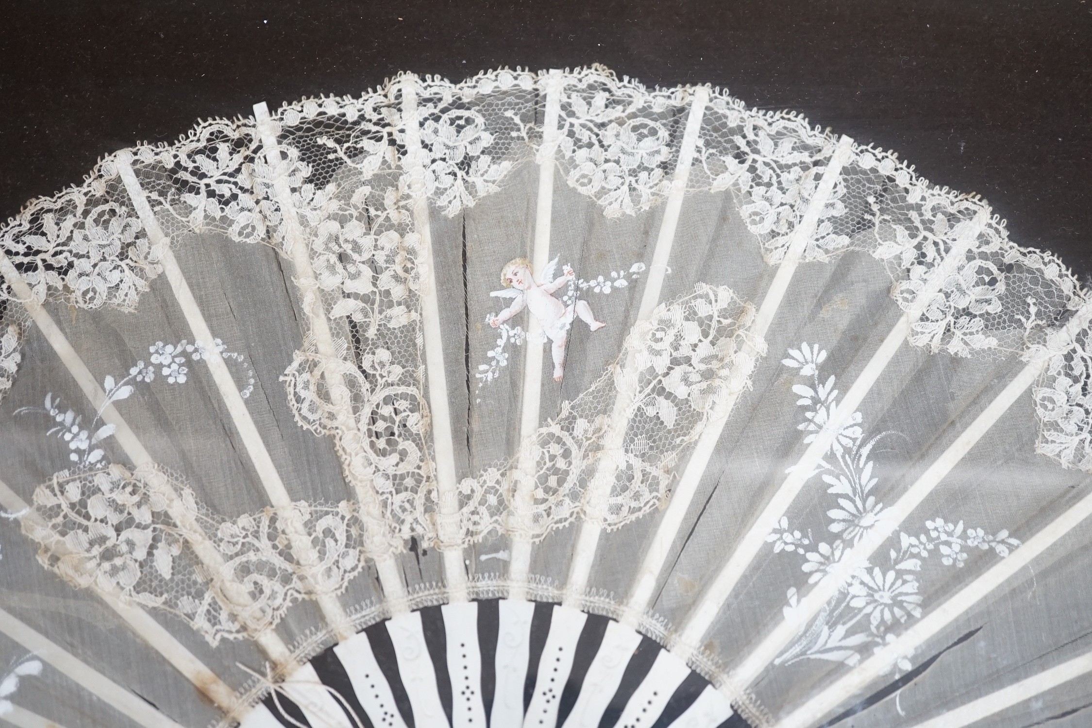 A pair of 19th century cased bone and painted lace fans, 40cm long excl frame - Image 3 of 9