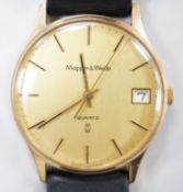 A gentleman's yellow metal quartz dress wrist watch, retailed by Mappin & Webb, with date