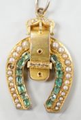 An early 20th century yellow metal, emerald, rose cut diamond and split pearl set horseshoe and