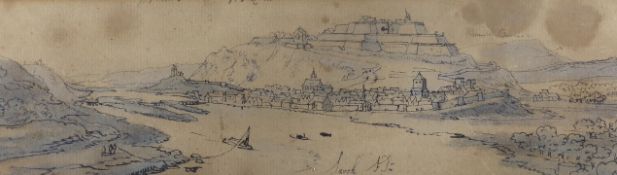 19th century Continental School, ink and wash on paper, View of a riverside town, inscribed 'Lauth',