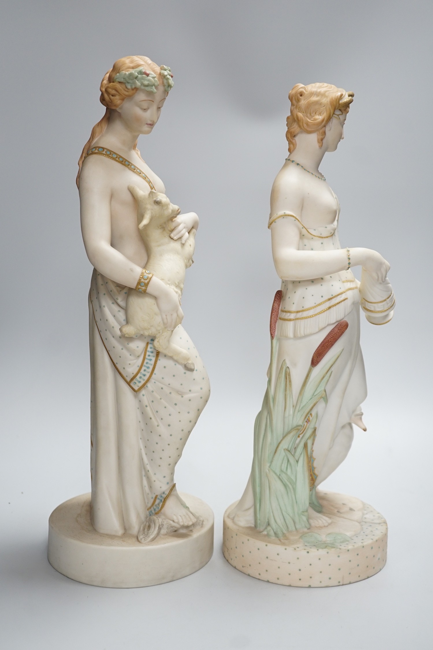 A pair of large W H Goss bisque classical female figures, one with lamb, the other Leda and the - Image 2 of 9