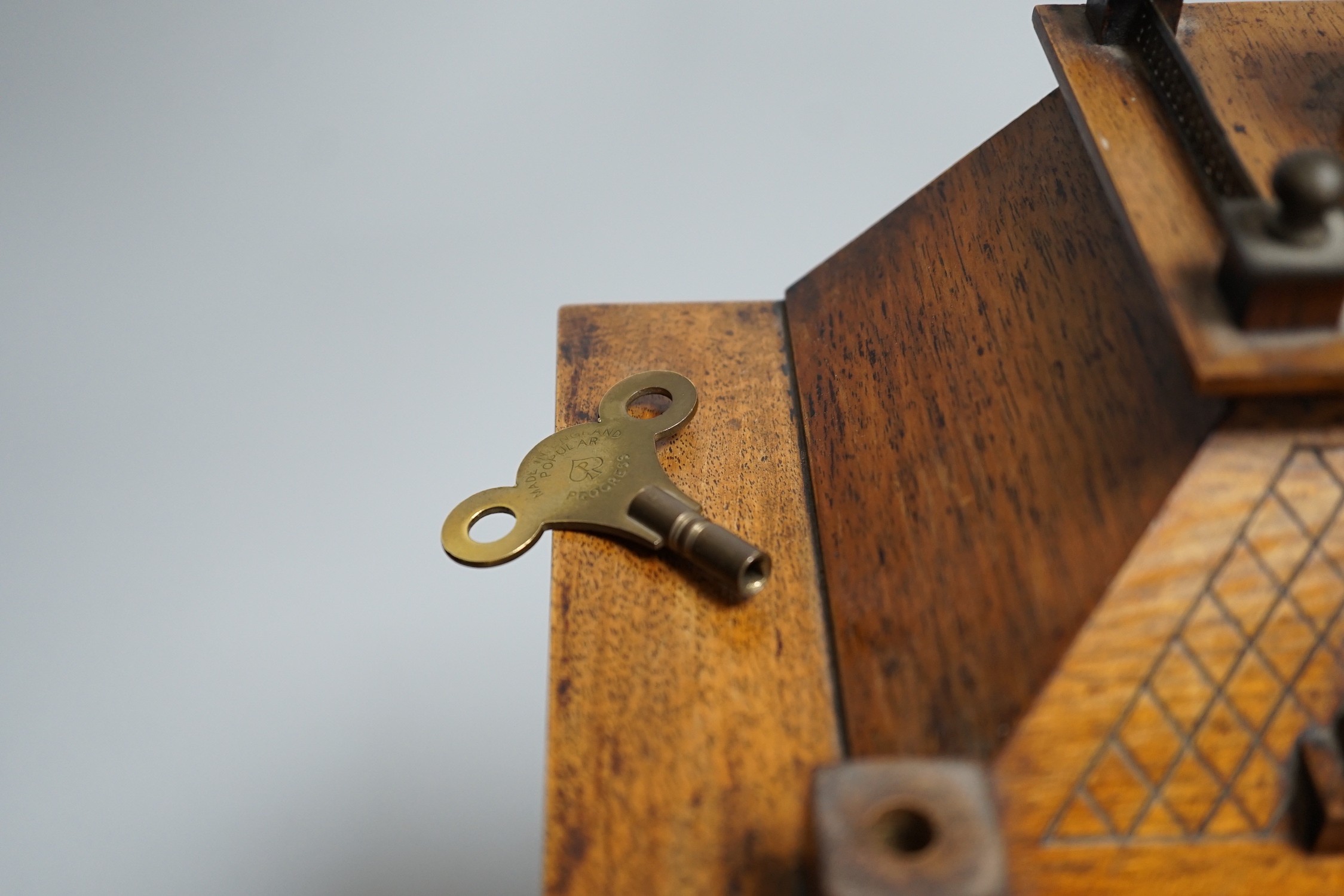 A German oak cased clock, plaque reads ‘Presented to Harry Collins on the occasion of his marriage - Image 3 of 7