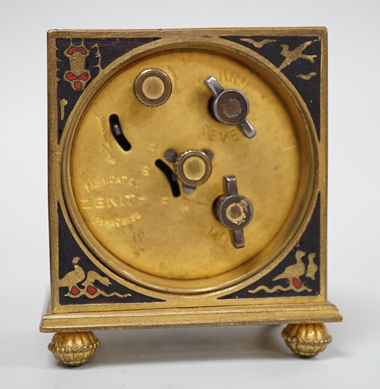 A Zenith champleve enamel Egyptianesque travelling alarm clock in case, 10cm total height - Image 4 of 6
