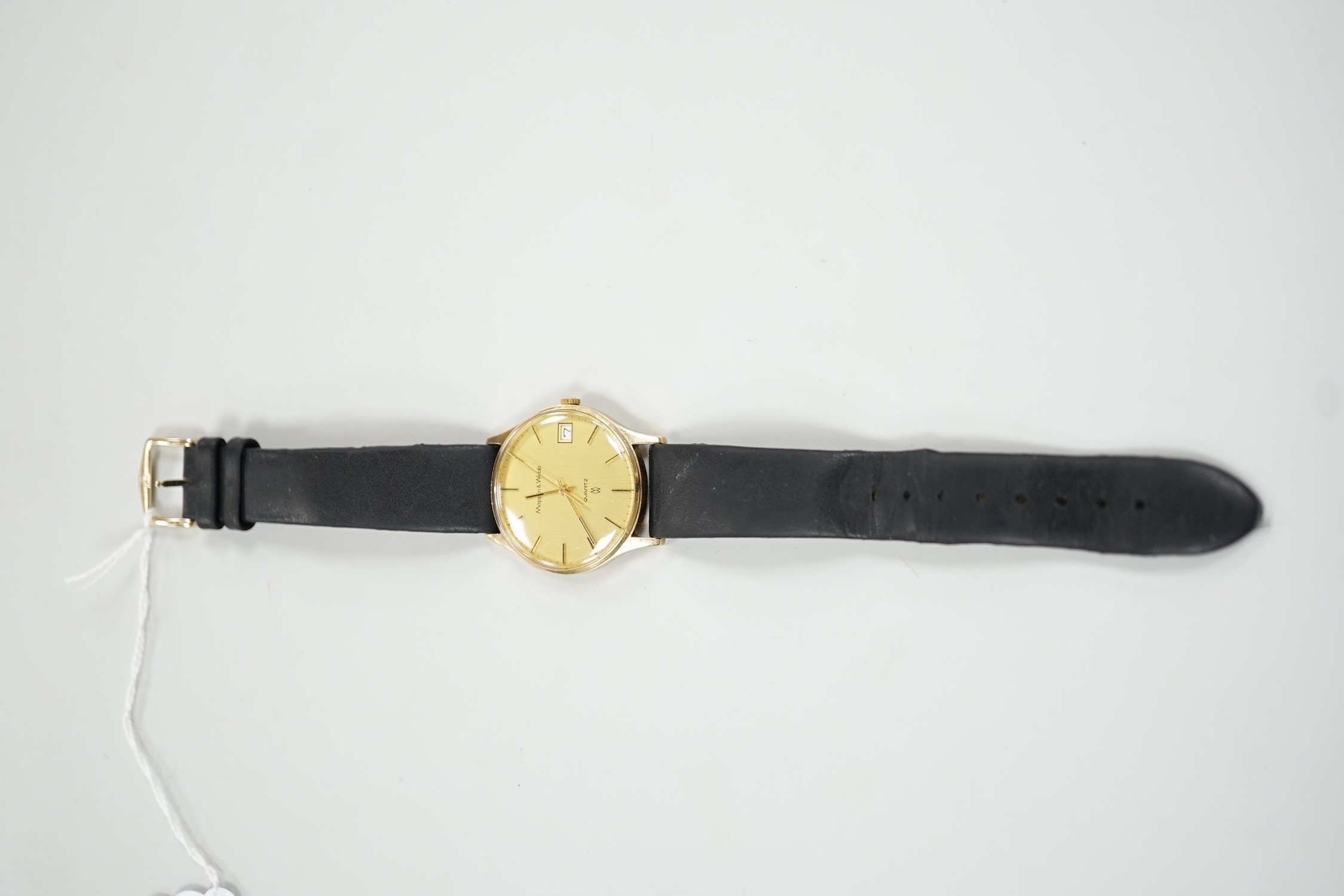 A gentleman's yellow metal quartz dress wrist watch, retailed by Mappin & Webb, with date - Image 2 of 3