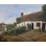 English School, oil on canvas, View of a lane with thatched cottage, 49 x 59cm