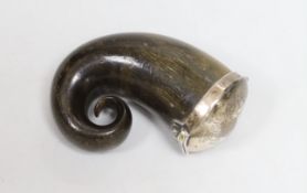 A 19th century white metal mounted horn snuff mull, engraved with name and horse, unmarked, 60mm.