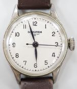A gentleman's 1940's? steel Longines manual wind wrist watch, movement c.12.68N, case diameter 32mm,