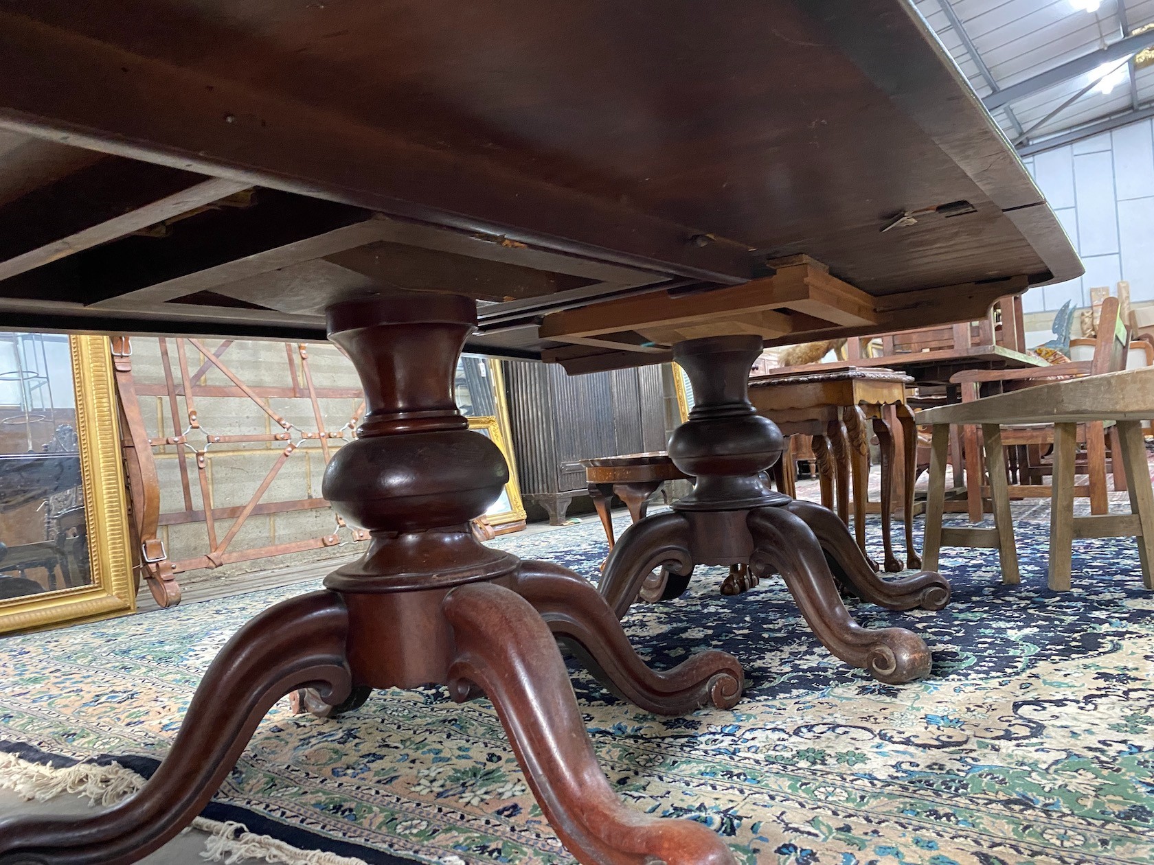 A Victorian mahogany twin pillar dining table, in need of restoration, length 203cm, width 138cm, - Image 2 of 3