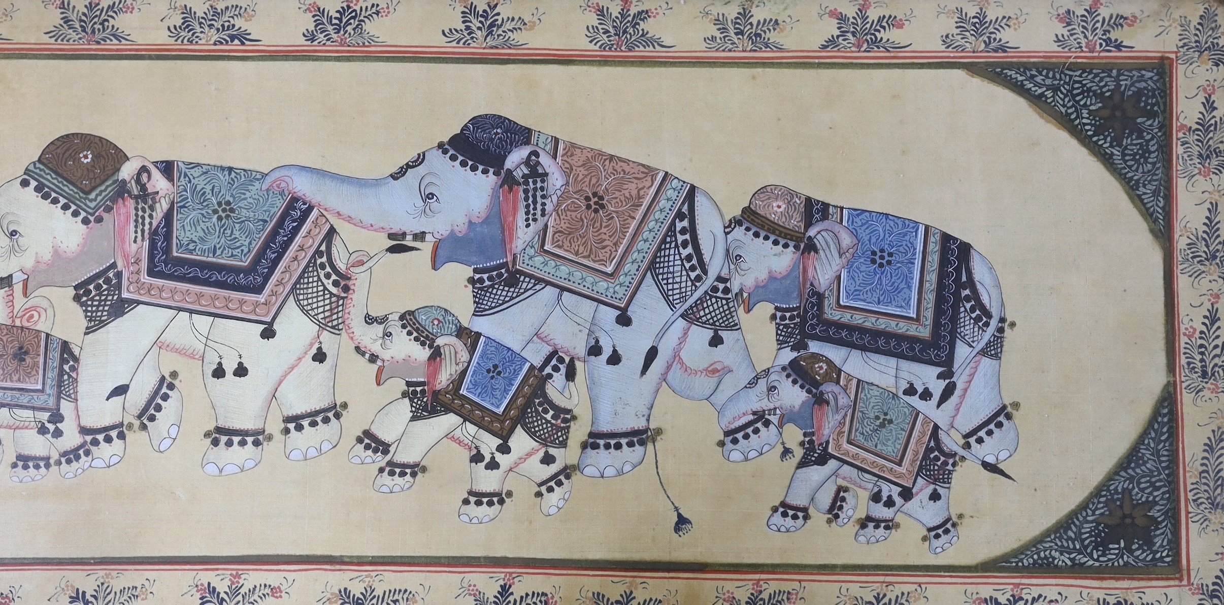 An Indian watercolour on silk, elephants, framed. - Image 3 of 4