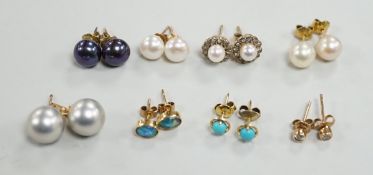 Eight assorted modern pairs of ear studs, including a 14k and cultured pearl and two other