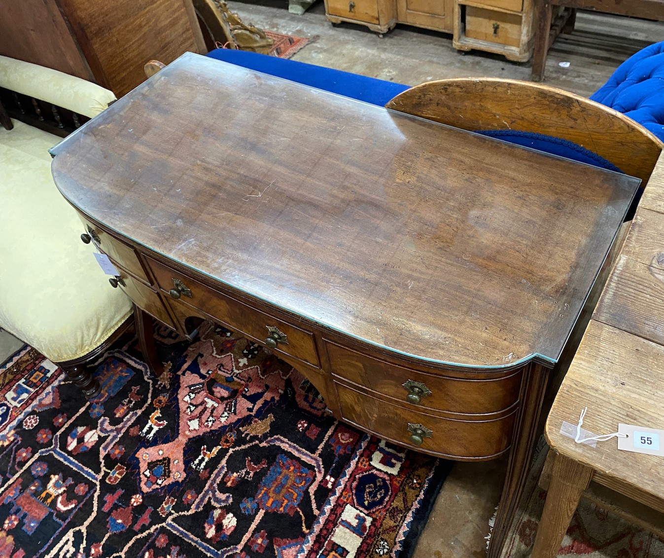 A George III Sheraton period mahogany bow front dressing table, length 112cm, depth 56cm, height - Image 2 of 2