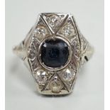 A 1940's? white metal, sapphire and diamond cluster set hexagonal dress ring, size L, gross weight